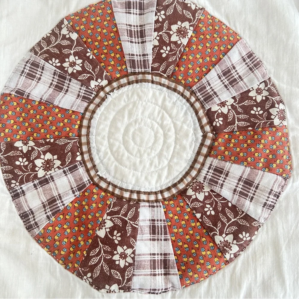 1970s Handmade Dresden Plate Quilted Pillow | Cottagecore Earth Tones